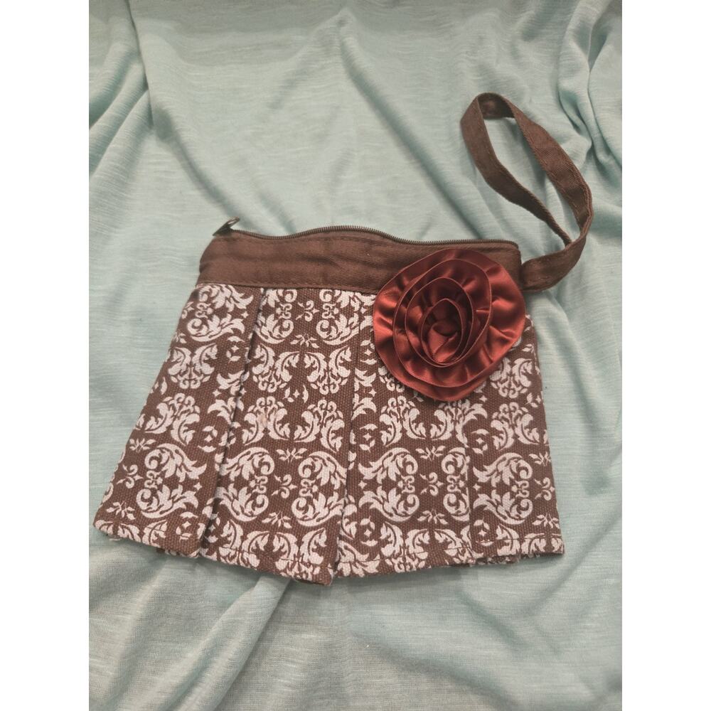Ganz Brown & White Floral Canvas Wristlet Bag with Flower Accent for Women